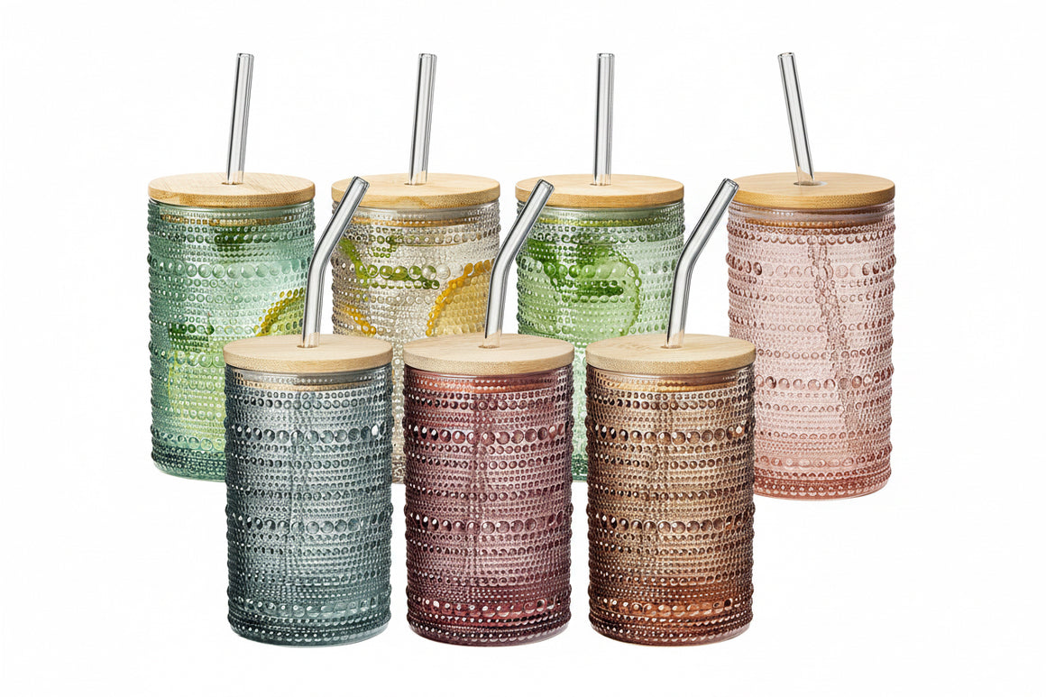 Tonal Hobnail Highball Glassware, With 6X Lids & Glass Straws, Set of 6