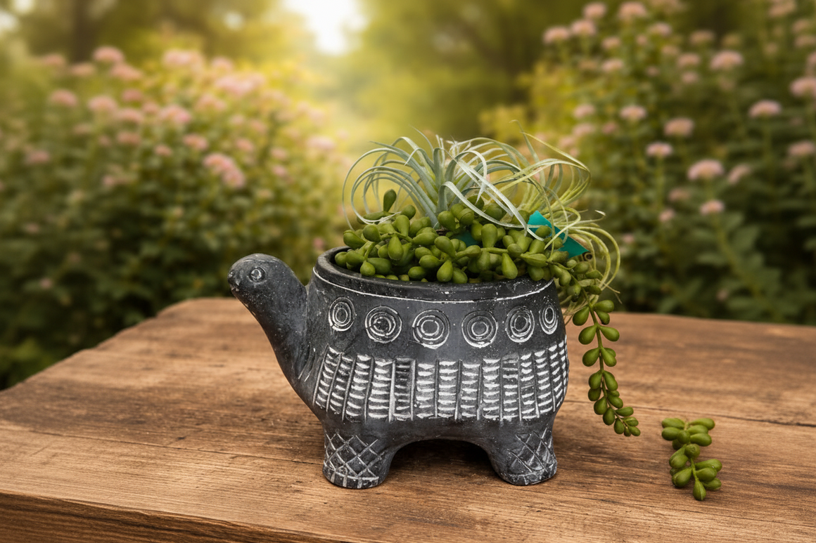 CEMENT TURTLE PLANTER IN BLACK