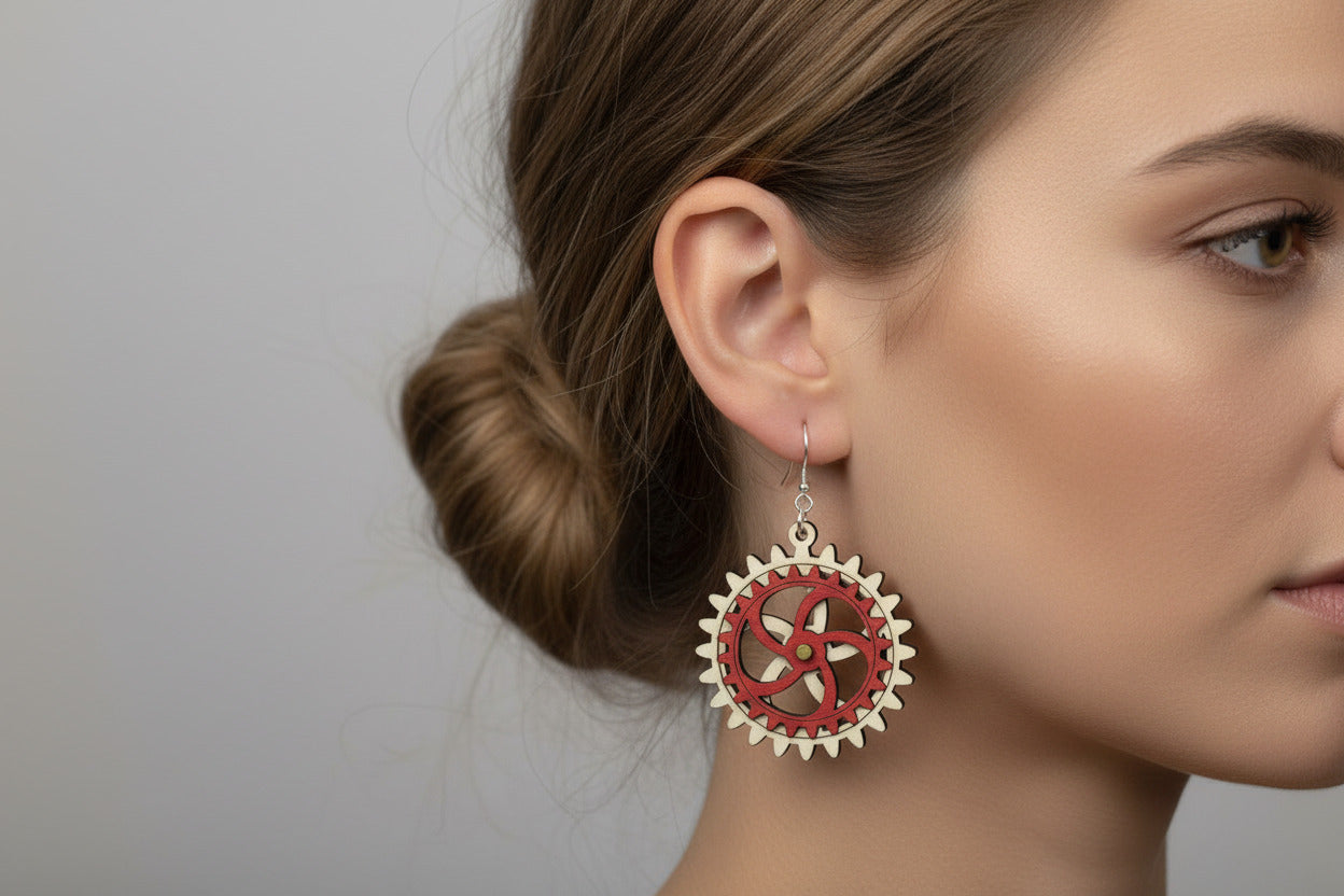 Red Wooden Gear Earrings