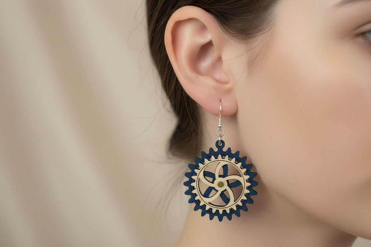 Blue Wooden Gear Earrings