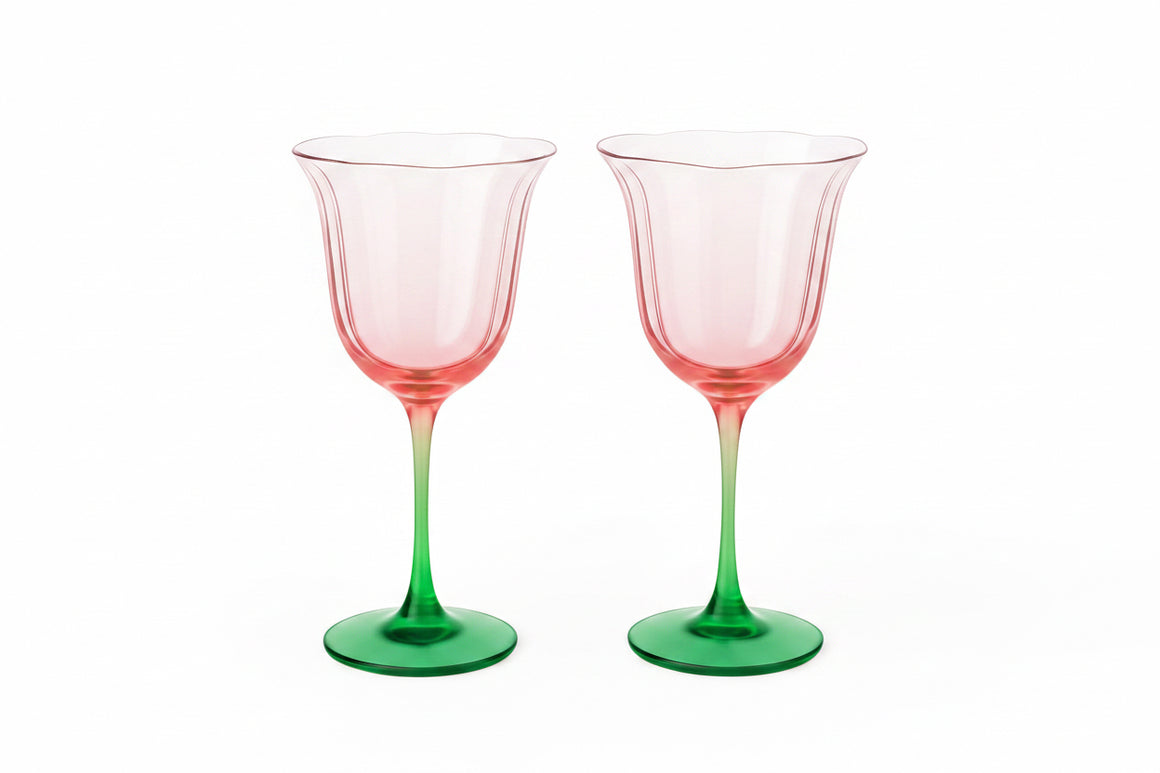 Khen Blossom Pink Tulip Wine Glasses Set of 2, Hand Blown Colored Crystal