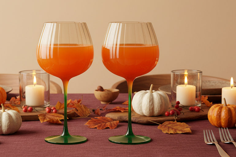 Khen Pumpkin Wine Glasses Fall Inspired Lightweight - Set of 2 Orange & Green