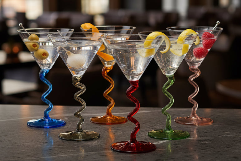 Spiral Stem Martini Glasses Set of 6, 9.2oz 7.05" Multicolor Twisted Base Glass