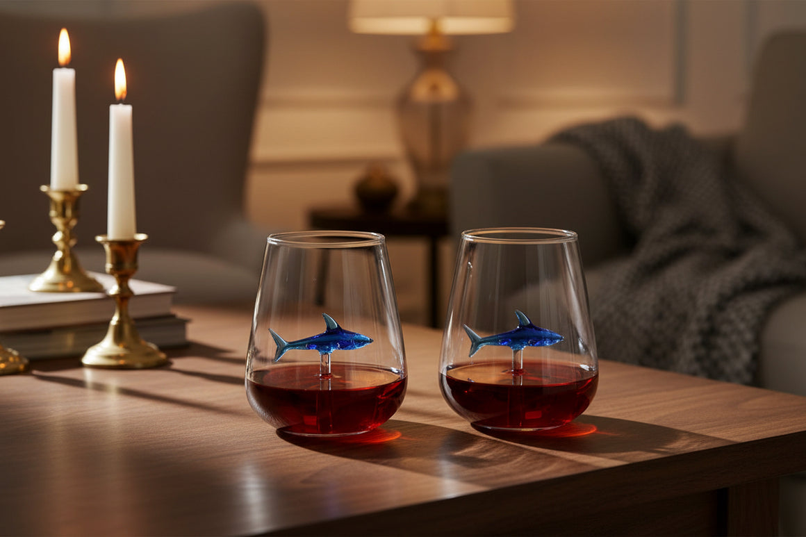 Handcrafted Stemless Shark Wine Glass - Personalized Set of 2