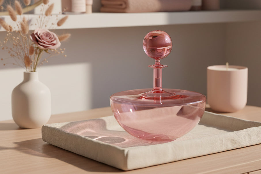 Blush Pink Low Arc Glass Decanter Handblown Captain’s Style Carafe