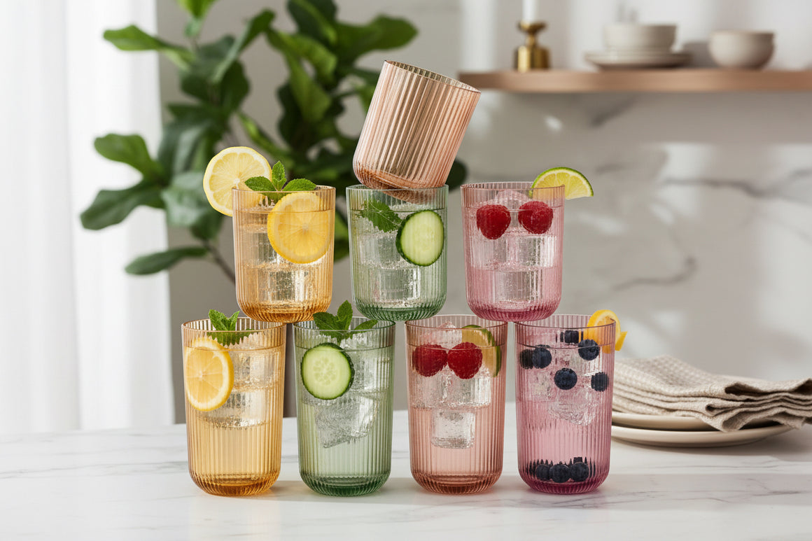 Set of 8 Ribbed Glasses - 4 Highball Glasses & 4 Lowball