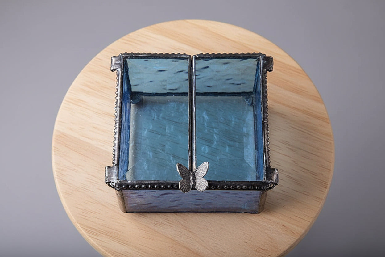 Pale Blue Stained Glass Box- Center Open