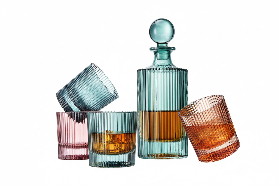 Khen Ribbed Decanter Set with 4 Glasses – Whiskey Bourbon Scotch