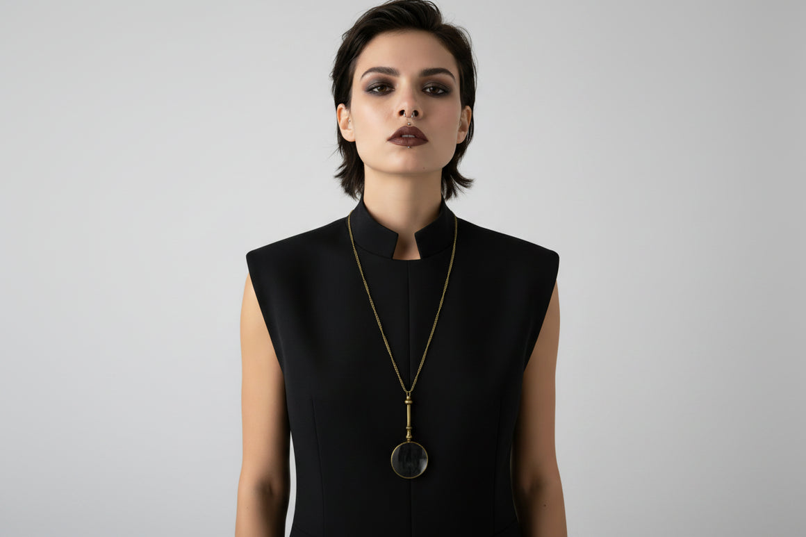 Antiqued Brass Small Magnifying Lens with Long Chain