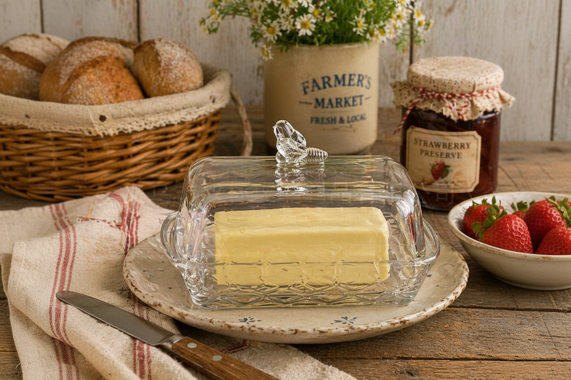 Cut Glass Butter Dish with Bird Knob Lid