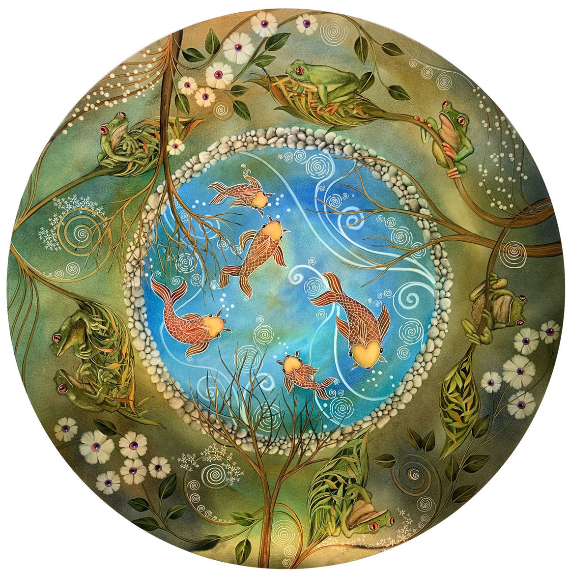 Tree Frogs and Koi Reverse Hand Painted Glass Chandelier by Jamie Barthel- Custom Artisan Lighting from Woodstock, New York