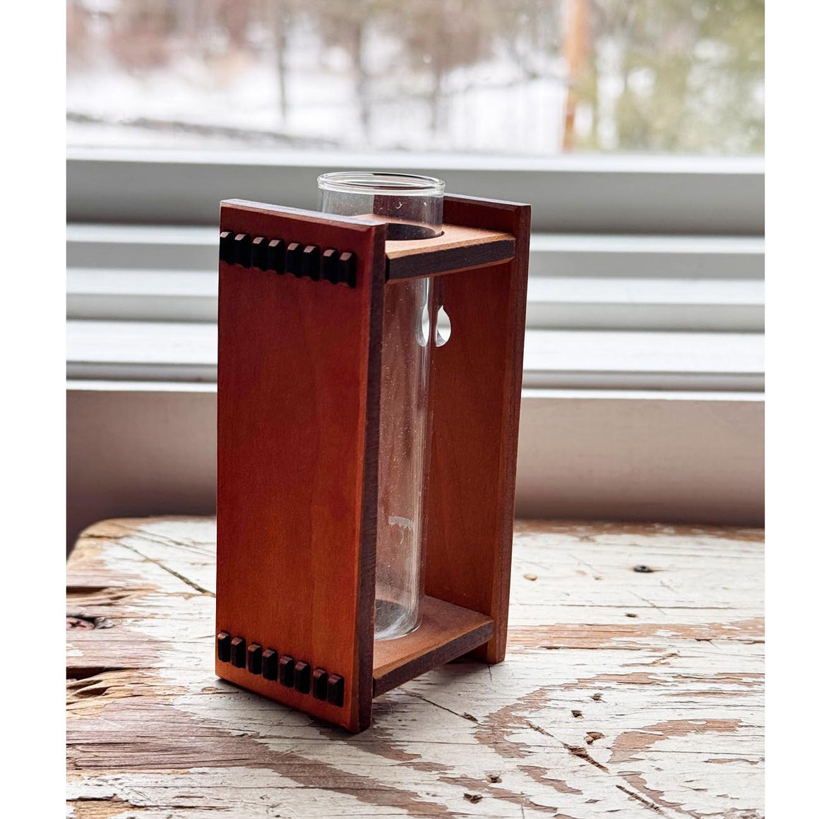 Small Beaker Glass Bud Vase in Wood Wall Hanger Frame