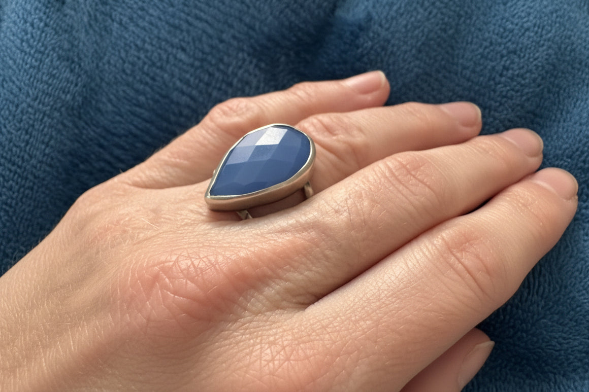 Faceted Blue Chalcedony Teardrop Set in Etched Sterling Silver