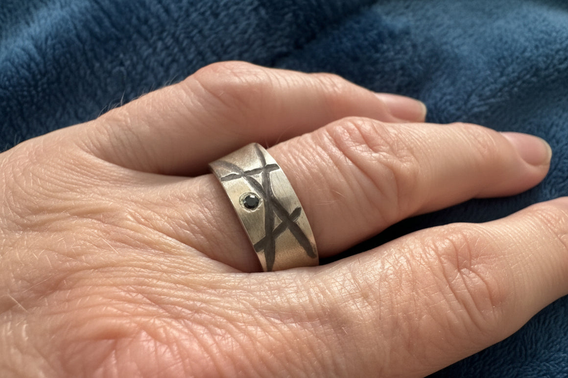 Oxidized Sterling Band With 2mm Black Diamond Ring