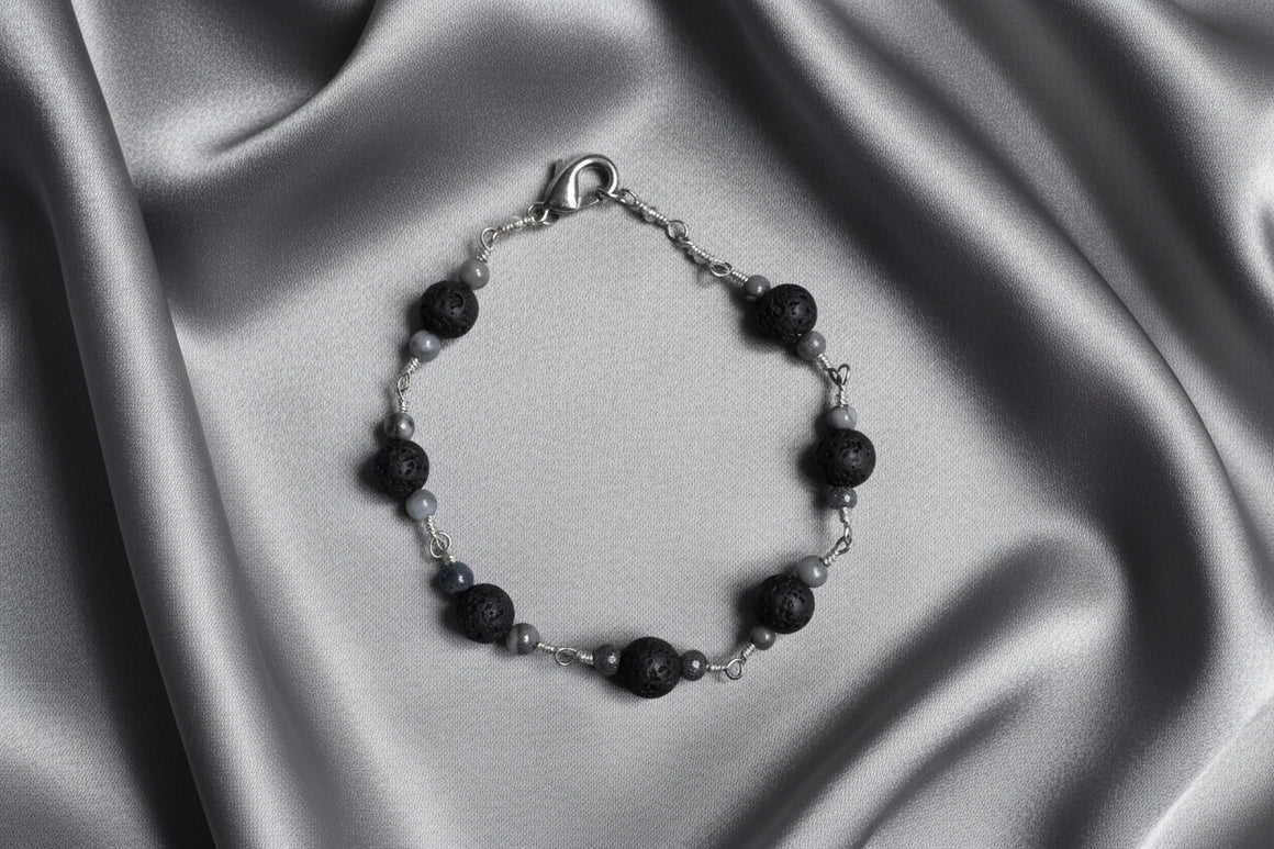 Black Lava Stones and Gray Beaded Bracelet