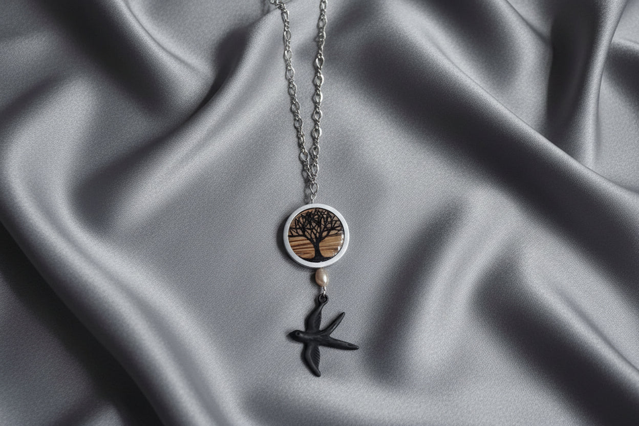 Painted Tree on Mahogany with Aluminum Trim and Bird Charm- Sterling Necklace