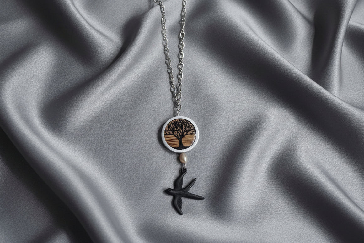 Painted Tree on Mahogany with Aluminum Trim and Bird Charm- Sterling Necklace
