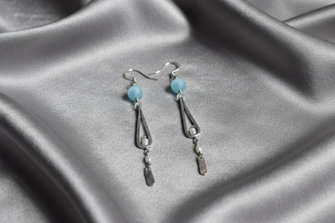 Amazonite & pearls beads with aluminum hammered teardrop earrings