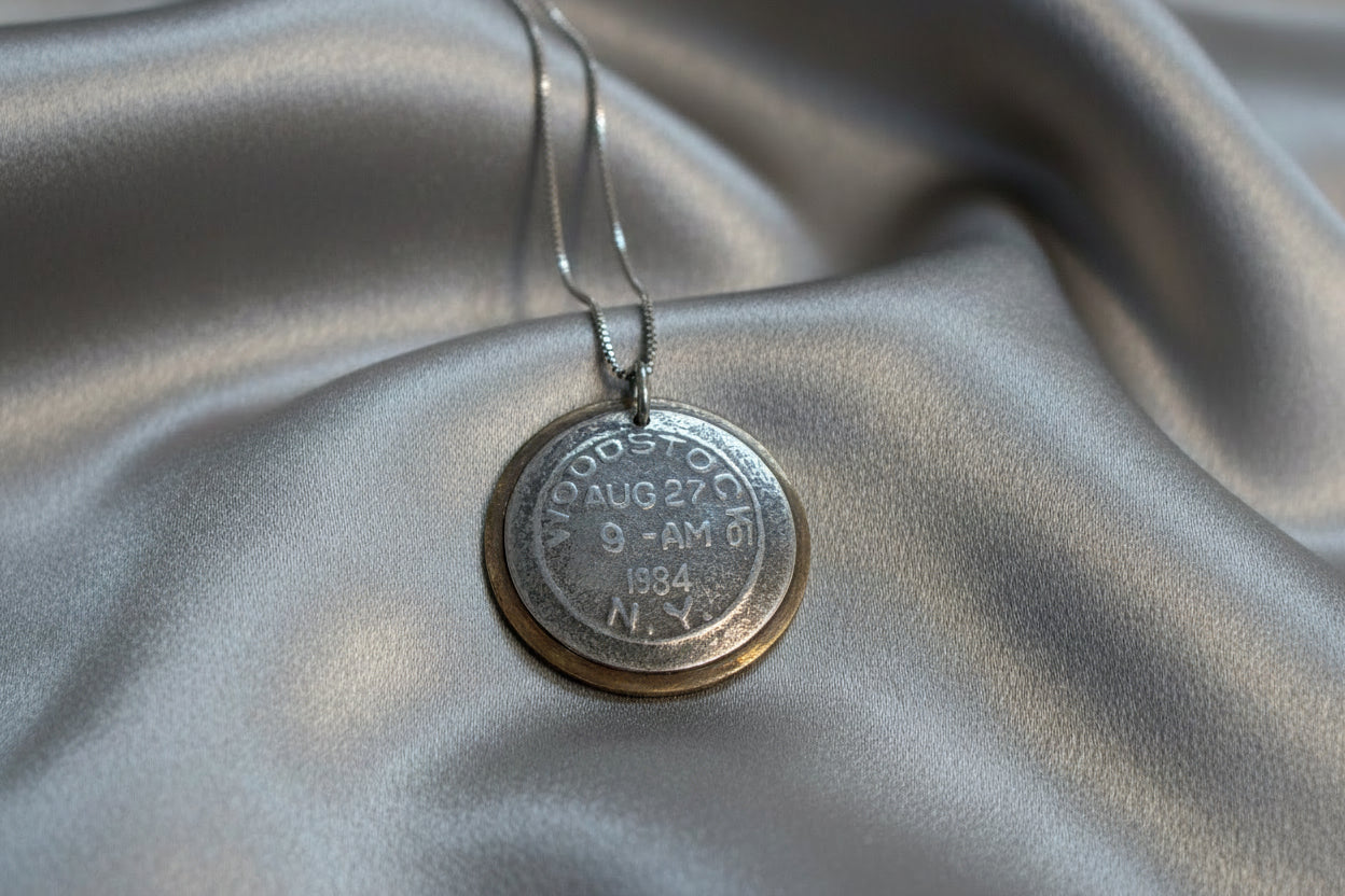 Antique Woodstock 1934 Silver and Bronze Postmark Necklace