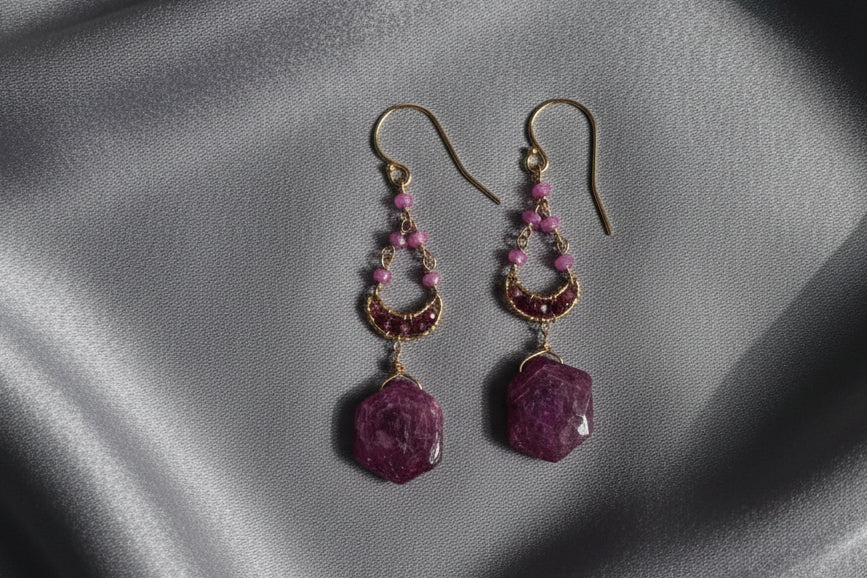 Gold Filled and Vermeil Pink Sapphire Garnet and Ruby Slice earrings