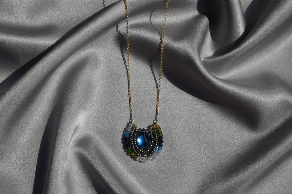 17" Goldfilled London Topaz Teal mix- Green Zircon, Chrome Diopside, Sapphire, Apatite, Blue Quartz, Natural Blue Zircon, Crystal Quartz