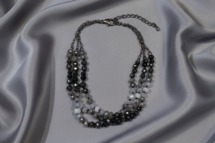 Sterling Graphite Hand Knotted Black Spinel, Labradorite, Pyrite, White Agate, Chaldedony Bracelet by Michelle Pressler