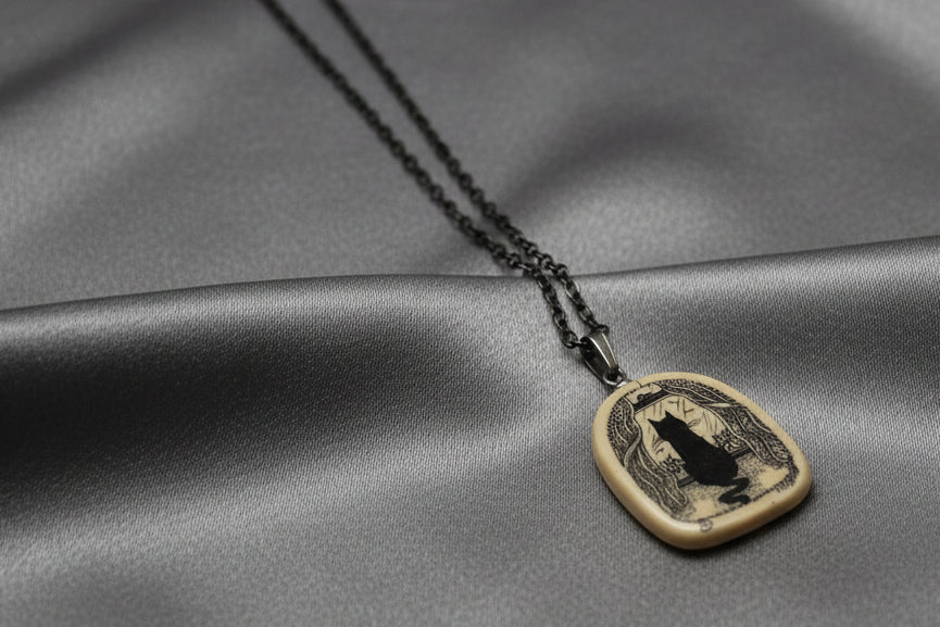 Black cat in window Necklace by Tree of Life on 18" Black Chain