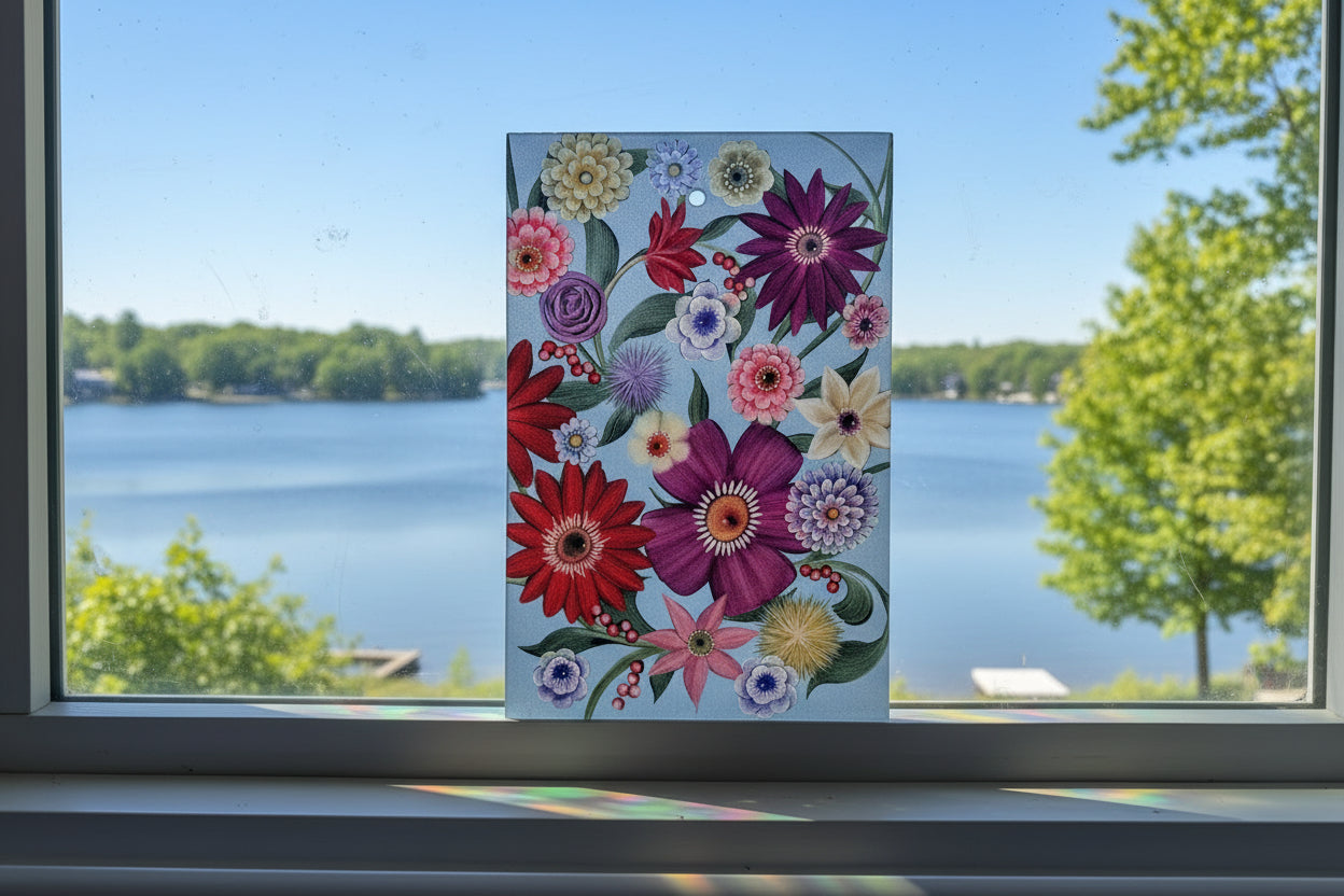 Frameless Floral 9 x 6  Reverse Hand Painted Window Hanging by Jamie Barthel