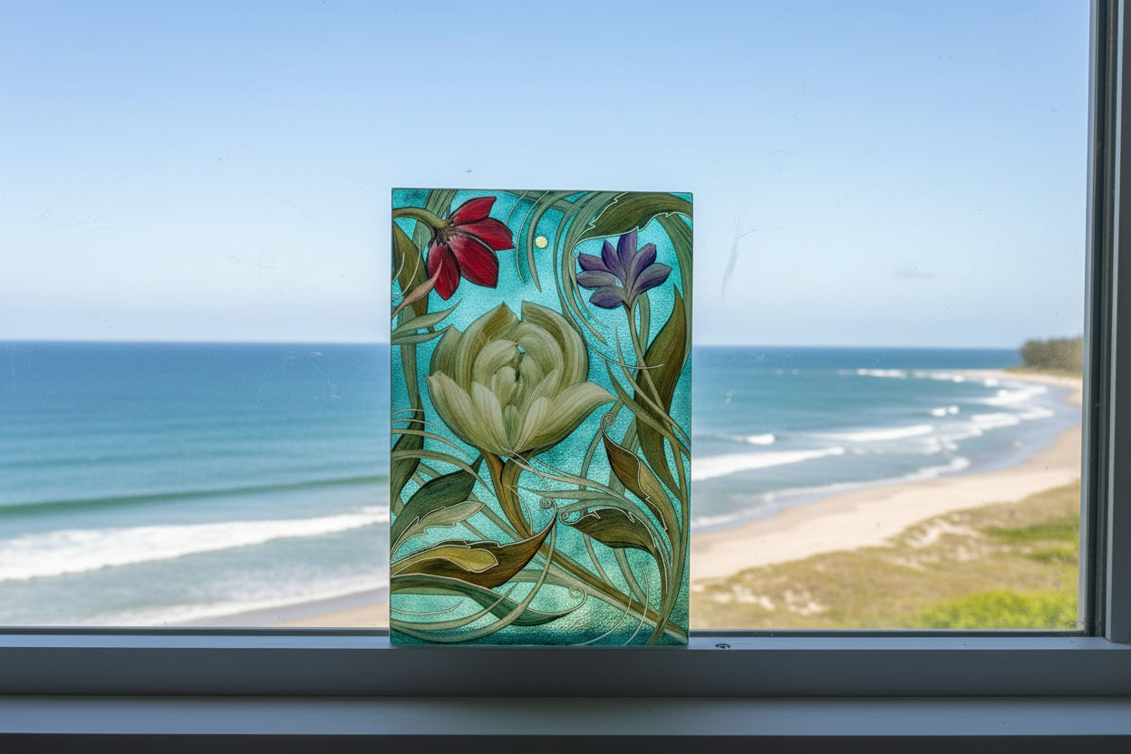 Frameless Floral 9 x 6  Reverse Hand Painted Window Hanging by Jamie Barthel