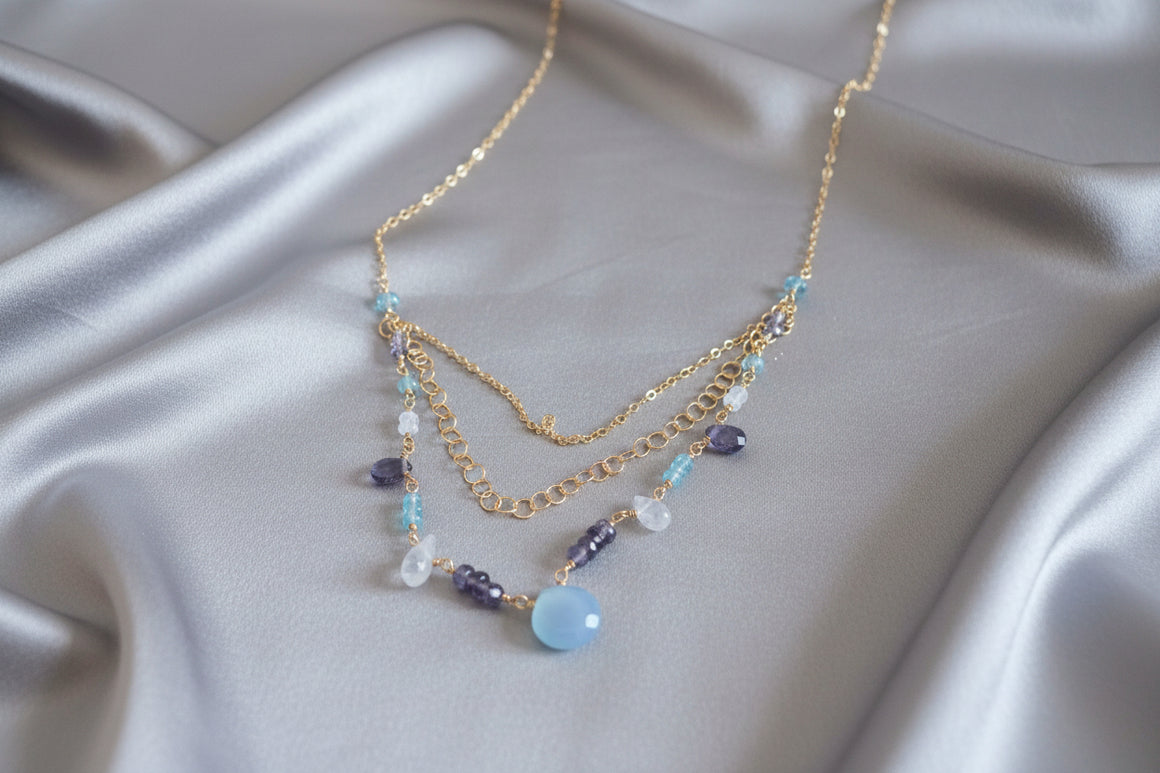 16" Bejeweled Triple Tier - 14k gold filled, Chalcedony, moonstone, iolite, apatite Necklace by Vanucci