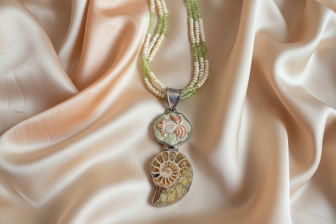 Koi Fish and Conch Fossil Necklace