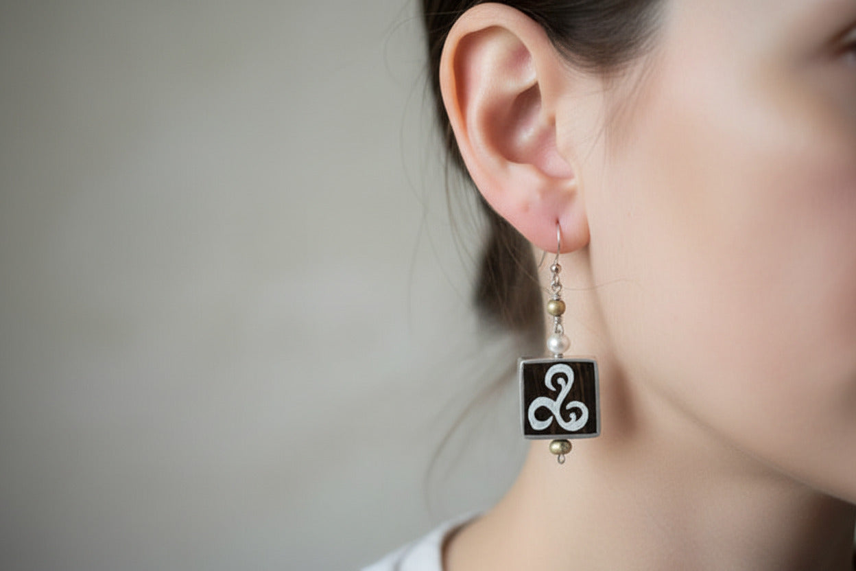 Hand Painted White Symbol on Ebony Square Earrings with Pearls