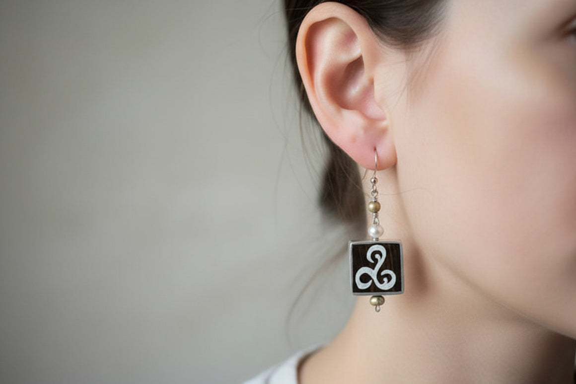 Hand Painted White Symbol on Ebony Square Earrings with Pearls