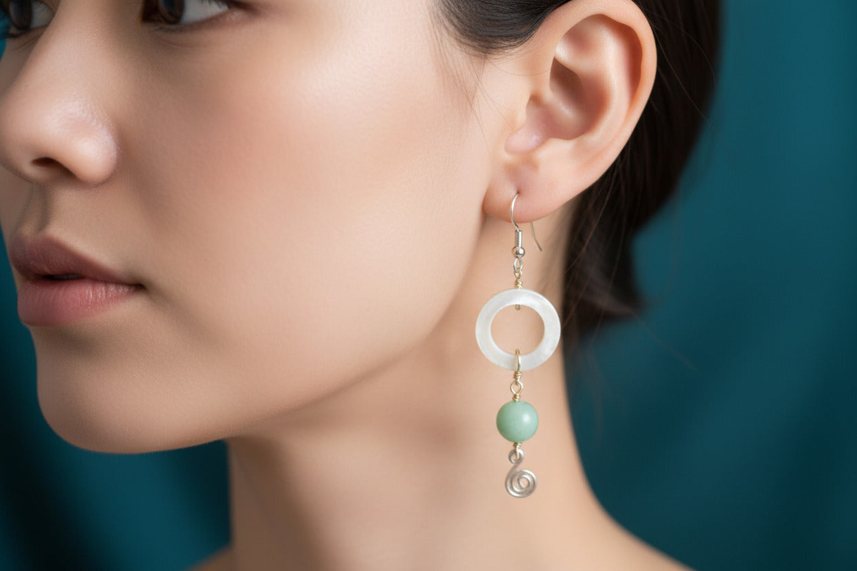 White 'Shell' Circle Earrings with Amazonite & Curl Dandles by Jamie Barthel