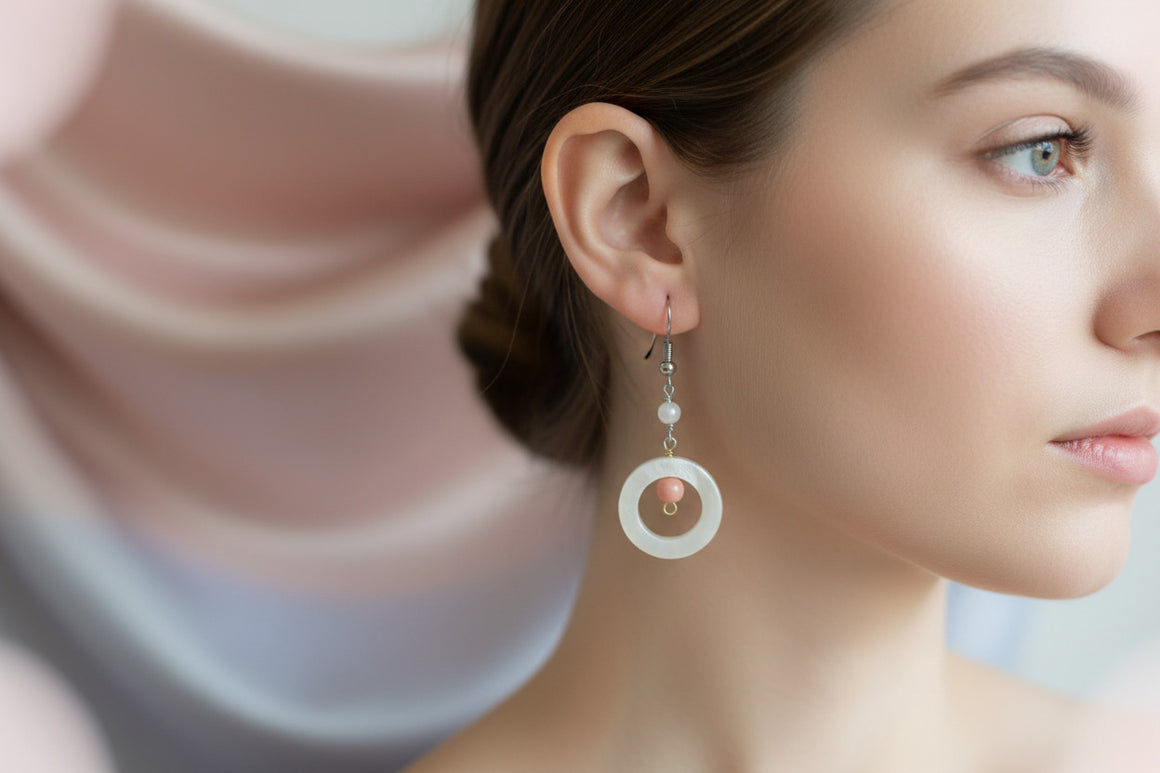 White 'Shell' Circle Earrings with Pink Beads by Jamie Barthel