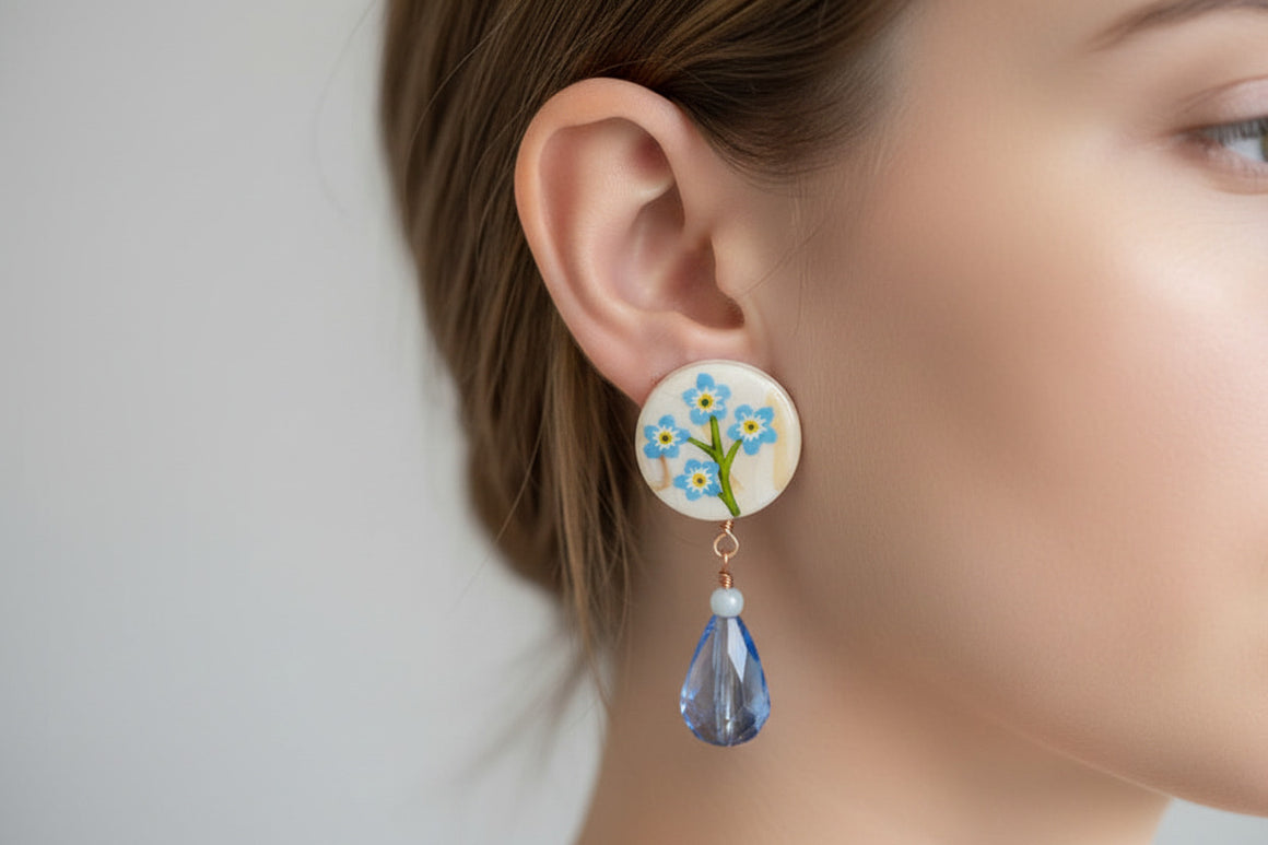 Painted White 'Shell' Forget Me Not clip On Earrings with Blue Glass Dangles by Jamie Barthel (Copy)