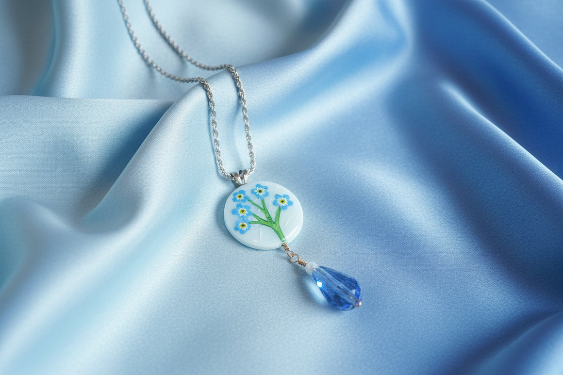Painted White 'Shell' Forget Me Necklace with Blue Glass Dangles on Sterling Rope Chain by Jamie Barthel (Copy) (Copy)