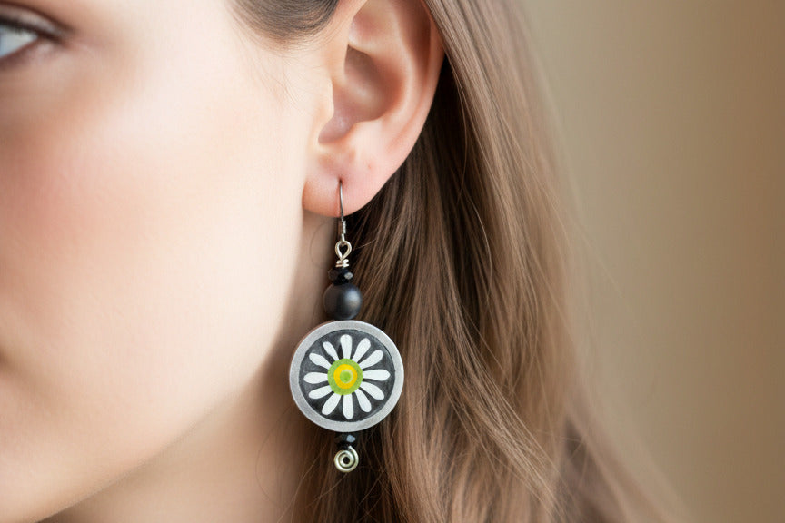 Painted Daisy on Aluminum Framed Wooden Circles by Jamie Barthel