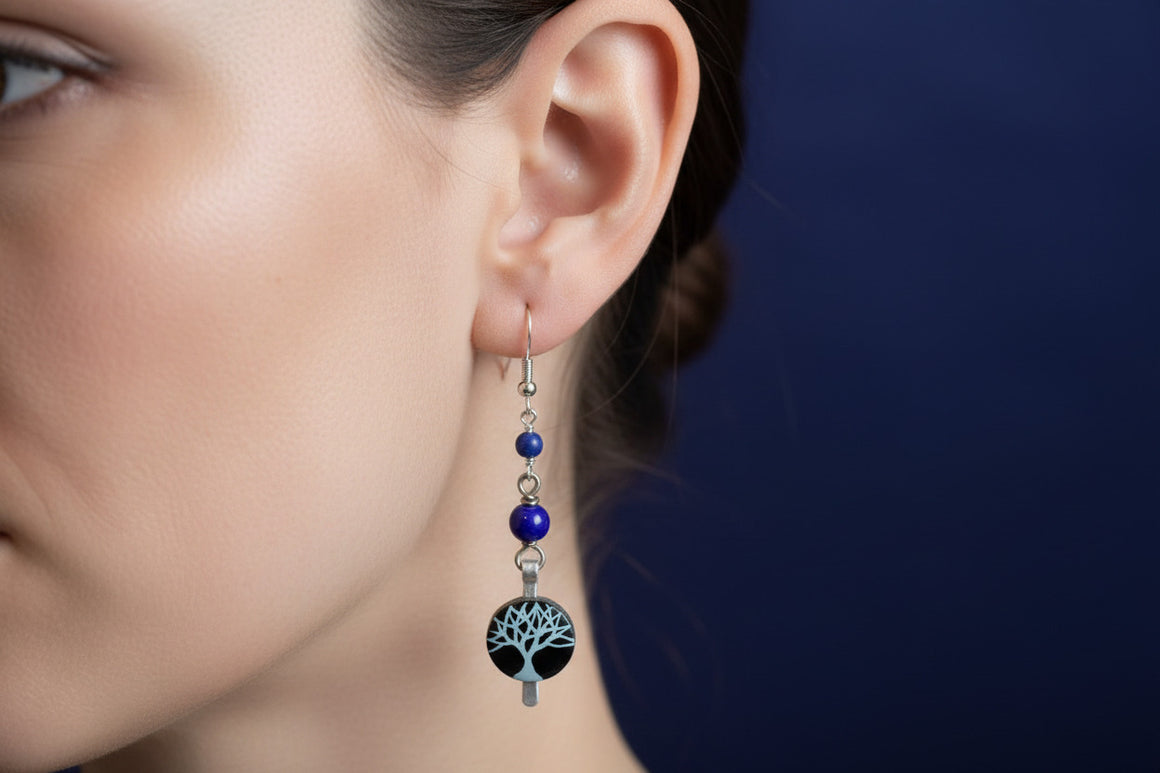 Painted Trees on Wooden Circles with Lapis Beads by Jamie Barthel