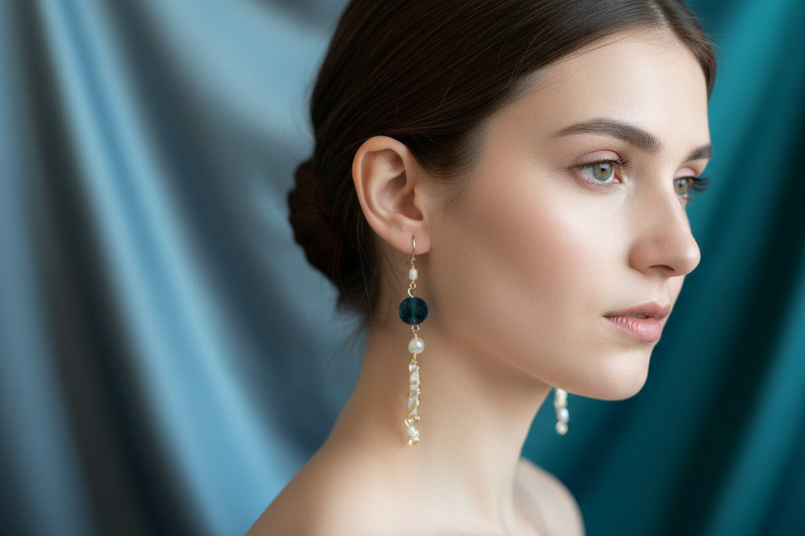 Silver Dangles with Brass Spirals, Pearls & Large Teal Glass Beads by Jamie Barthel