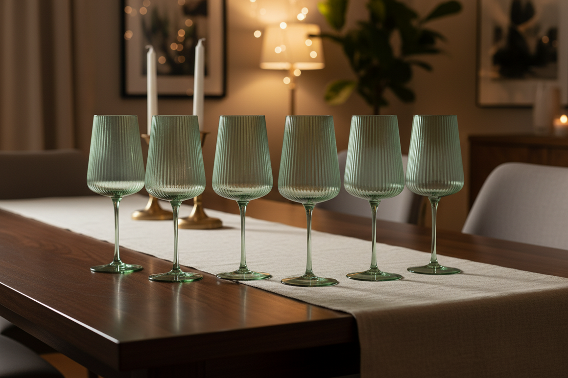 Tonal Ribbed Stemmed Wine Glassware, Set of 6