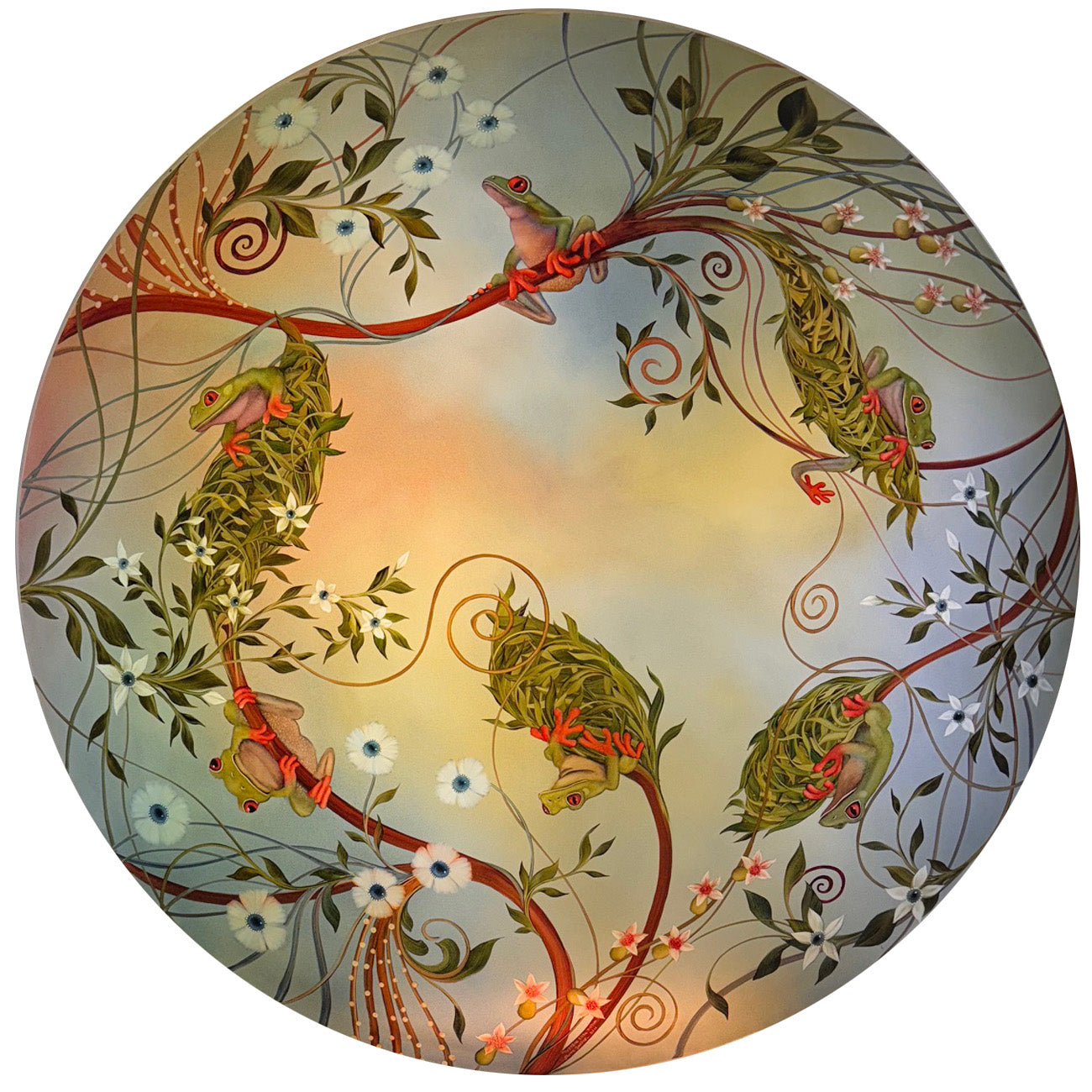 Tree Frogs Bright Skies Reverse Hand Painted Glass Chandelier by Jamie Barthel- Custom Artisan Lighting from Woodstock, New York