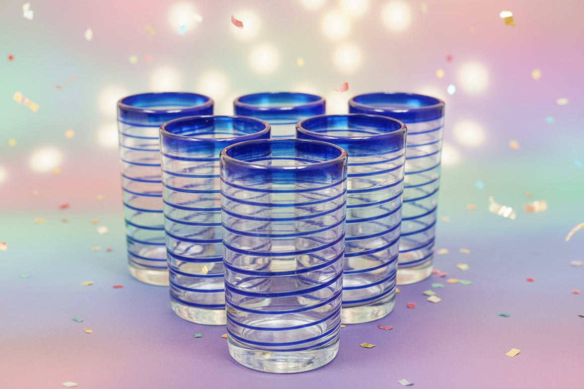 Cobalt Blue Spiral Design Drinking Glasses - Set of 6 (14 oz each)