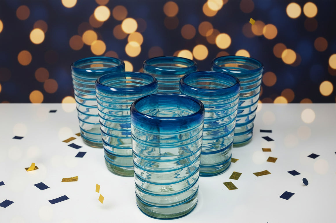 Hand Blown Mexican Drinking Glasses – Set of 6 Glasses with an Aqua Spiral Design (14 oz each) …