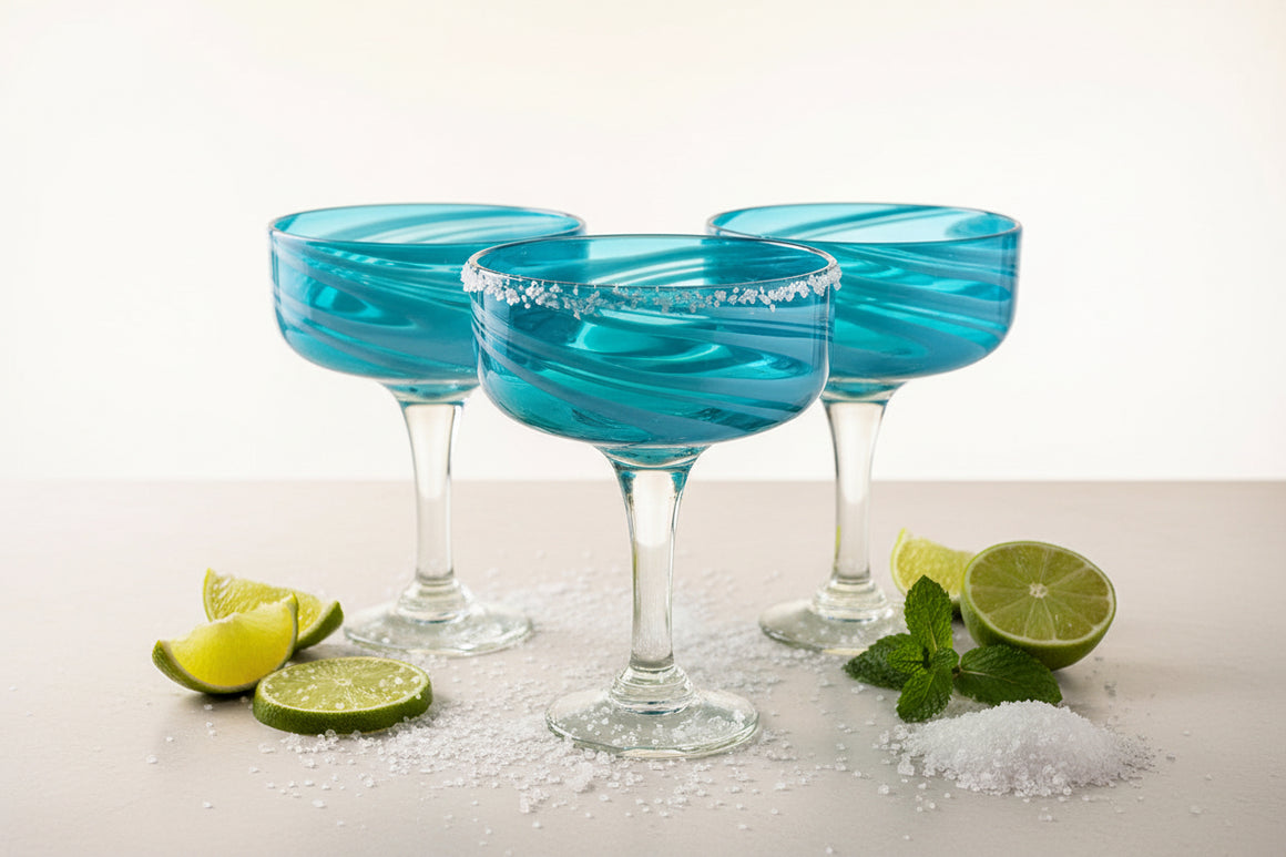 Aqua Swirl Design Margarita Glasses- Set of 4 (16 oz each)