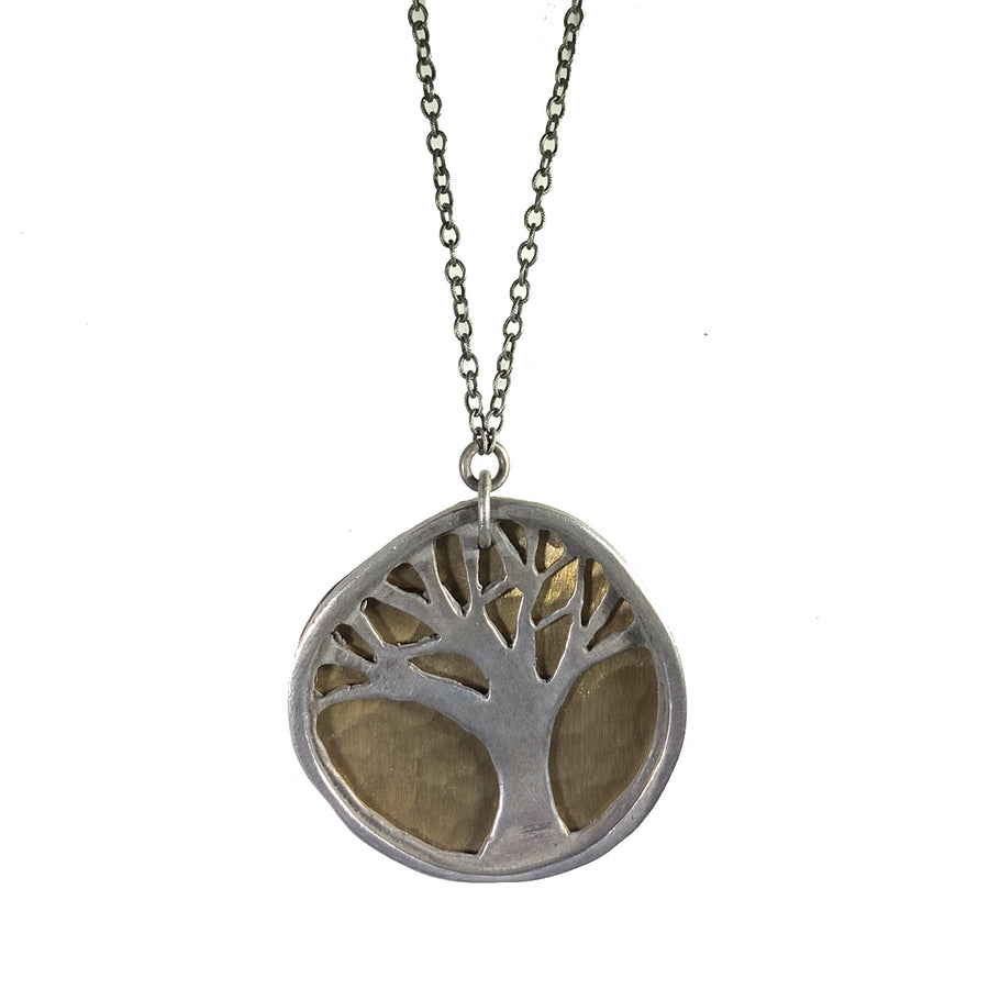 Sterling Oak Tree with Hammered Brass Necklace