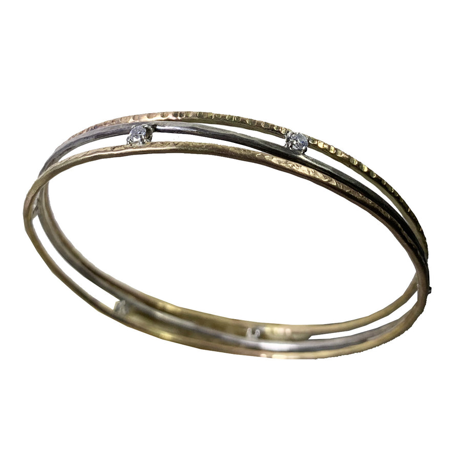 14kt Hammered Sterling Bangle With 2mm White CZ