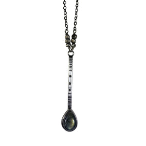 Labradorite Teardrop  On Etched Sterling Silver Rod with Oxidized Sterling Beaded Chain