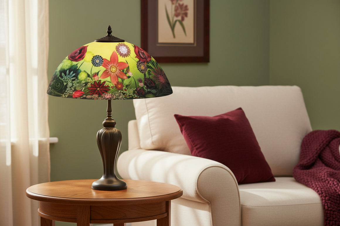 Reverse Hand Painted Le Jardin Lamp by Jamie Barthel