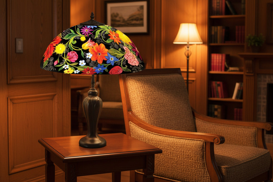 Reverse Hand Painted Midnight Garden Lamp by Jamie Barthel